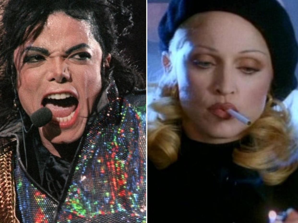 Michael Jackson in concert in 1992, and Madonna in her 1993 video for 'Bad Girl': THIERRY SALLIOU/AFP/Getty Images/Maverick