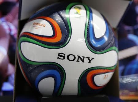 The Sony Corp. logo is seen on a miniature version of "Brazuca", the official match ball for the 2014 FIFA World Cup, as it is displayed at an electronics retail store in Tokyo June 10, 2014. REUTERS/Issei Kato