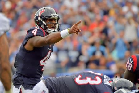 FILE PHOTO: Sep 16, 2018; Nashville, TN, USA; Houston Texans quarterback Deshaun Watson (4) makes the call at the line against the Tennessee Titans during the second half at Nissan Stadium. Tennessee won 20-17. Mandatory Credit: Jim Brown-USA TODAY Sports/File Photo