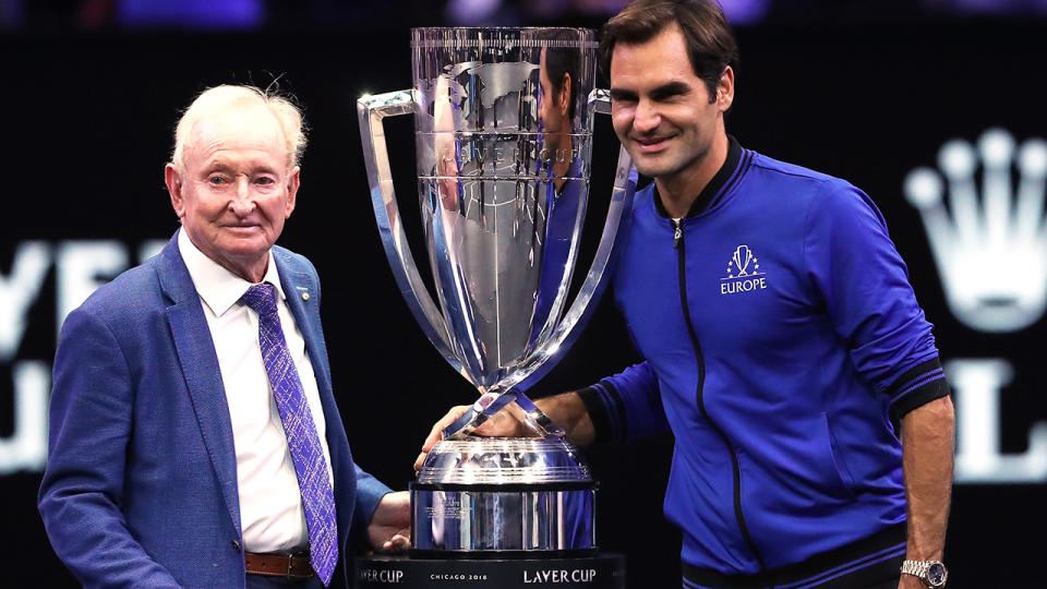 Roger Federer and Rod Laver pose with the trophy after winning the Laver Cup. (Photo by Matthew Stockman/Getty Images for The Laver Cup)
