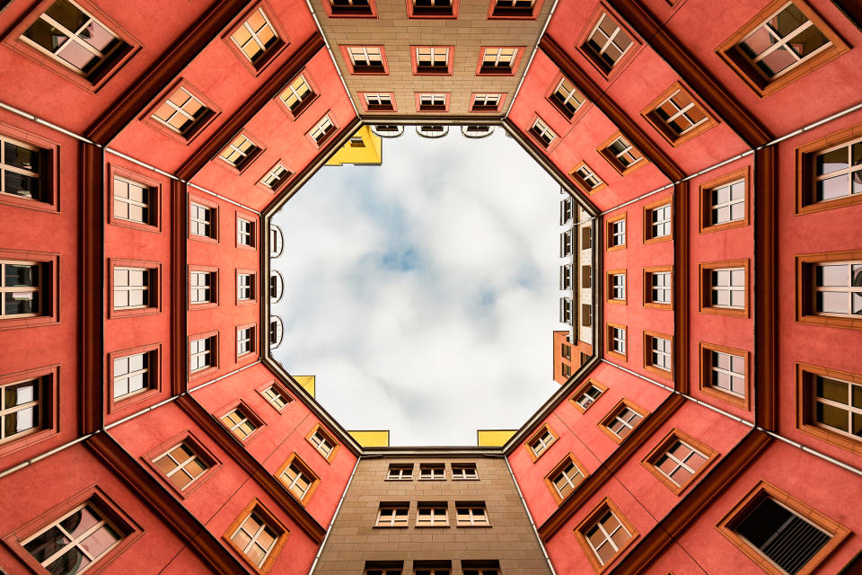 BERLIN - DEC 2017: Inner Courtyard of typical Berlin appartment building, Quartier Schützenstraße, Berlin Mitte