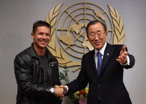 Secretary-General Ban Ki-moon, right, meets Austrian skydiver Felix Baumgartner at United Nations headquarters in New York. Baumgartner jumped out of a balloon from 128,000 feet above New Mexico, breaking the record for the highest ever freefall, and was the first skydiver to break the sound barrier