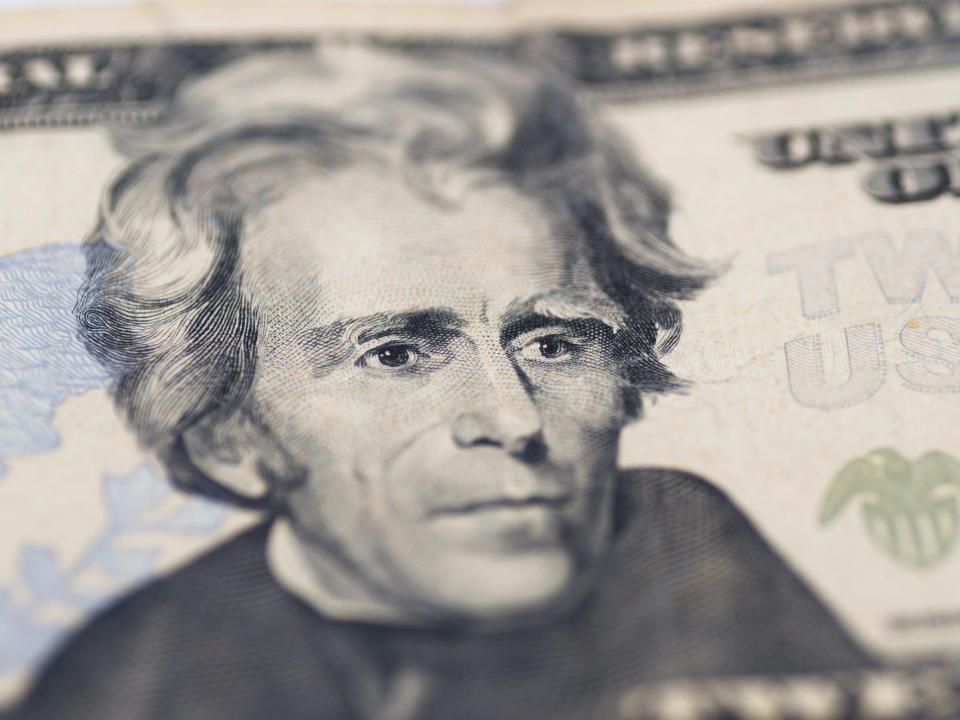 Andrew Jackson portrait on twenty dollar bill.