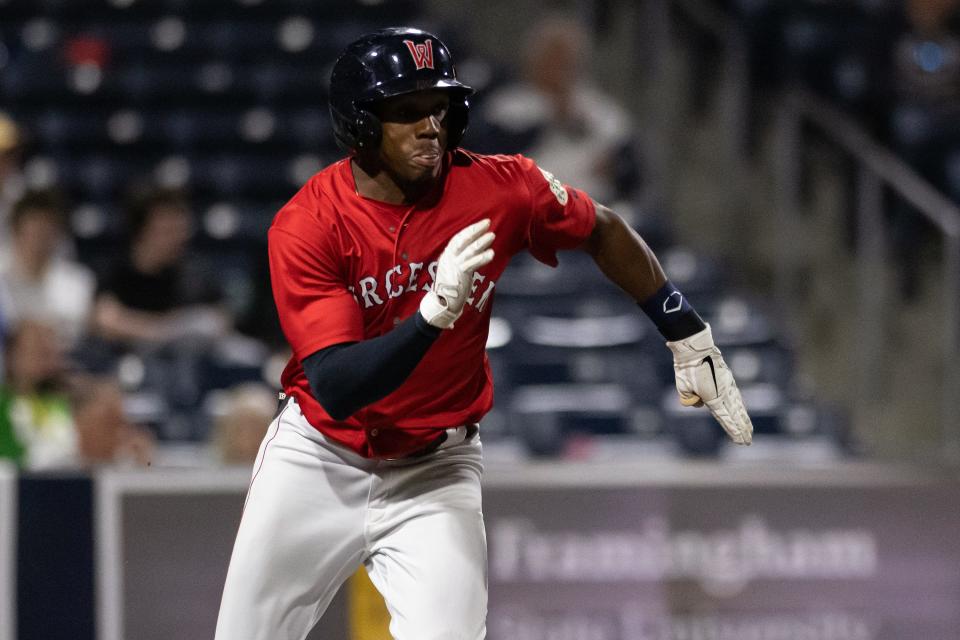 WooSox outfielder Greg Allen hustles toward first base during Wednesday night's game.