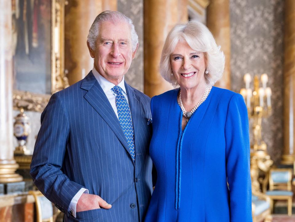 King Charles III and Camilla, Queen Consort, pose for a photo in Buckingham Palace ahead of the coronation.