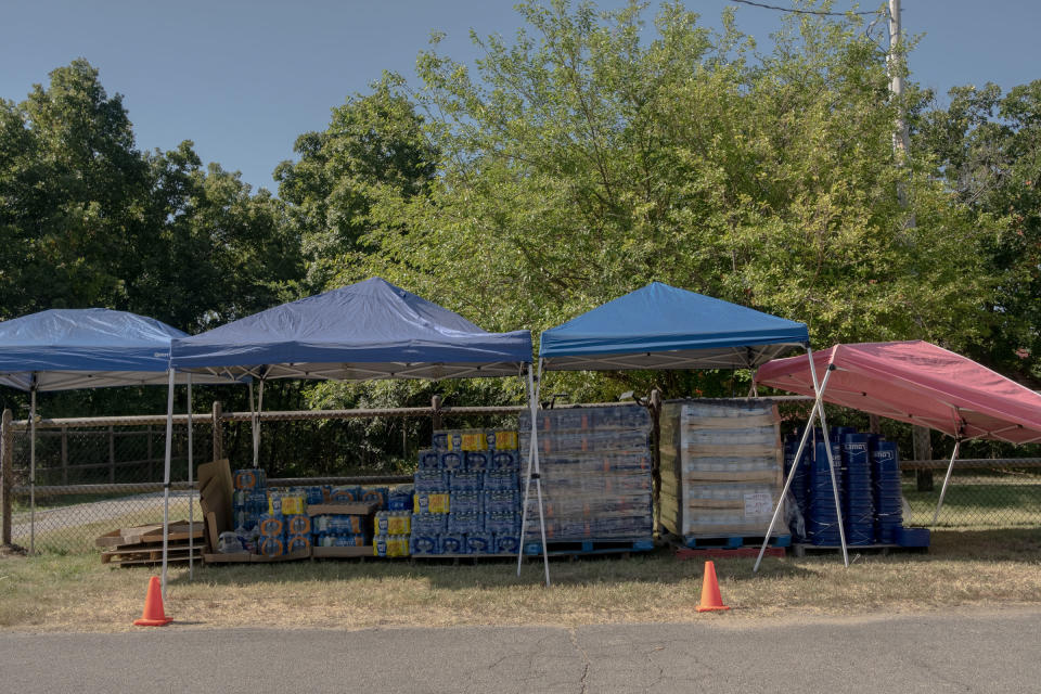 Pallets of water bottles during a heatwave and water outages in Bixby, Oklahoma, US, on Tuesday, July 19, 2022.<span class="copyright">September Dawn Bottoms—Bloomberg/Getty Images</span>