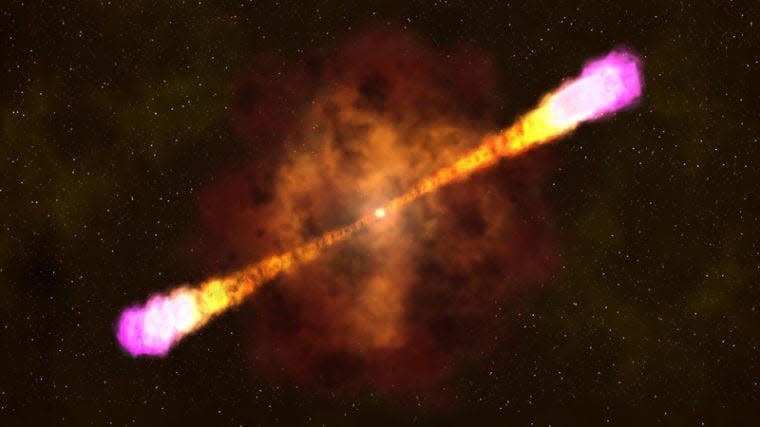 This image provided by NASA's Goddard Space Flight Center shows an artists rendering on how a gamma ray burst occurs with a massive star collapsing and creating a black hole and beaming out focused and deadly light and radiation bursts.