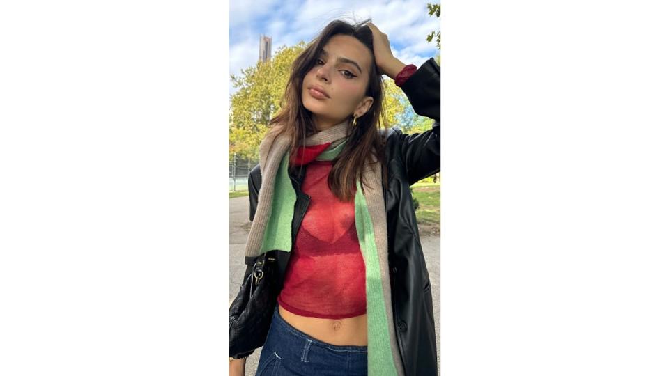 emily ratajkowski in a red knit top