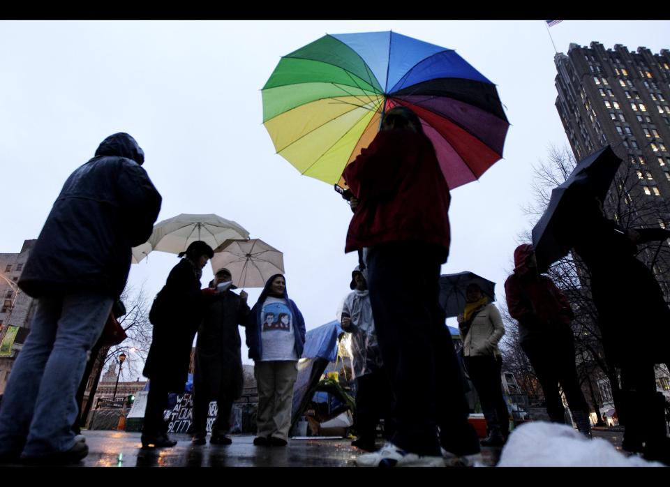 Advocates opposed to a planned New Jersey immigrant detention center gather at Military Park in Newark, N.J., prior to marching to the Essex County Freeholders meeting, Wednesday, Dec. 7, 2011. A contract to enlarge an existing facility was canceled earlier this year after questioned were raised as to why a politically connected company was the sole bidder. (AP Photo/Julio Cortez)