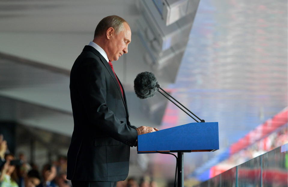 <p>Russia’s President Vladimir Putin makes a speech at the opening of the 2018 FIFA World Cup at Luzhniki Stadium. Alexei Druzhinin/Russian Presidential Press and Information Office/TASS (Photo by Alexei Druzhinin\TASS via Getty Images) </p>