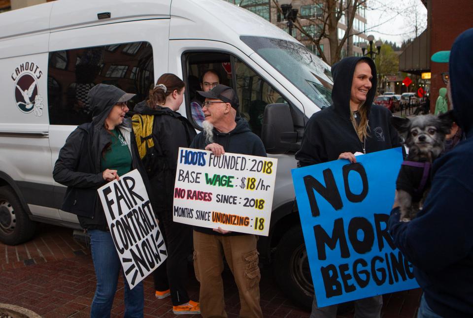 CAHOOTS and HOOTS workers rally in support of their union in downtown Eugene Friday, April 5, 2024.