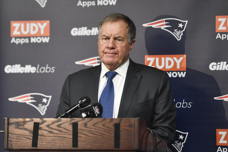 New England Patriots head coach Bill Belichick attends a news conference after their NFL football game against the Buffalo Bills, Sunday, Jan. 8, 2023, in Orchard Park. (AP Photo/Adrian Kraus)