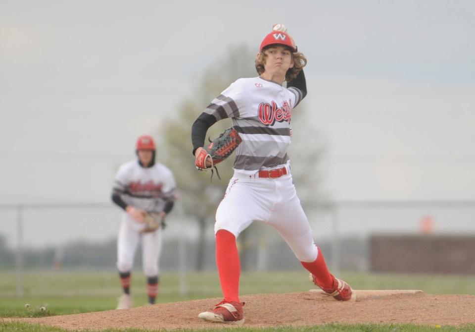 Westfall pitcher Noah Stonerock on the mound during the Mustangs' 1-0 loss to Huntington at Westfall High School on April 24, 2023.