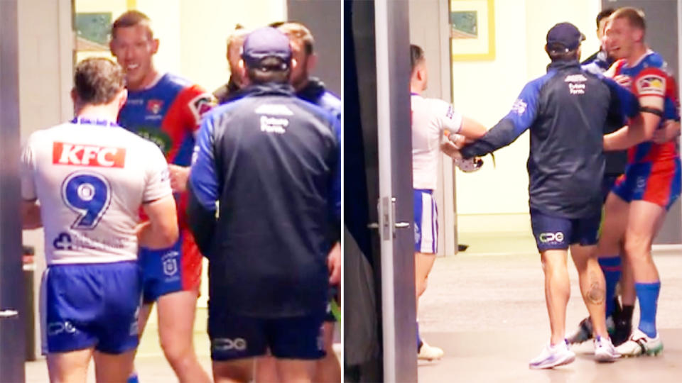 Jack Hetherington and Reed Mahoney in the tunnel after they were sin-binned. 