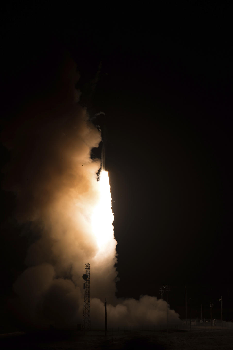 This image provided by the U.S. Air Force shows an unarmed Minuteman III intercontinental ballistic missile test launch early Tuesday, Oct. 2, 2019, at Vandenberg Air Force Base, Calif. (Michael Peterson/U.S. Air Force via AP)
