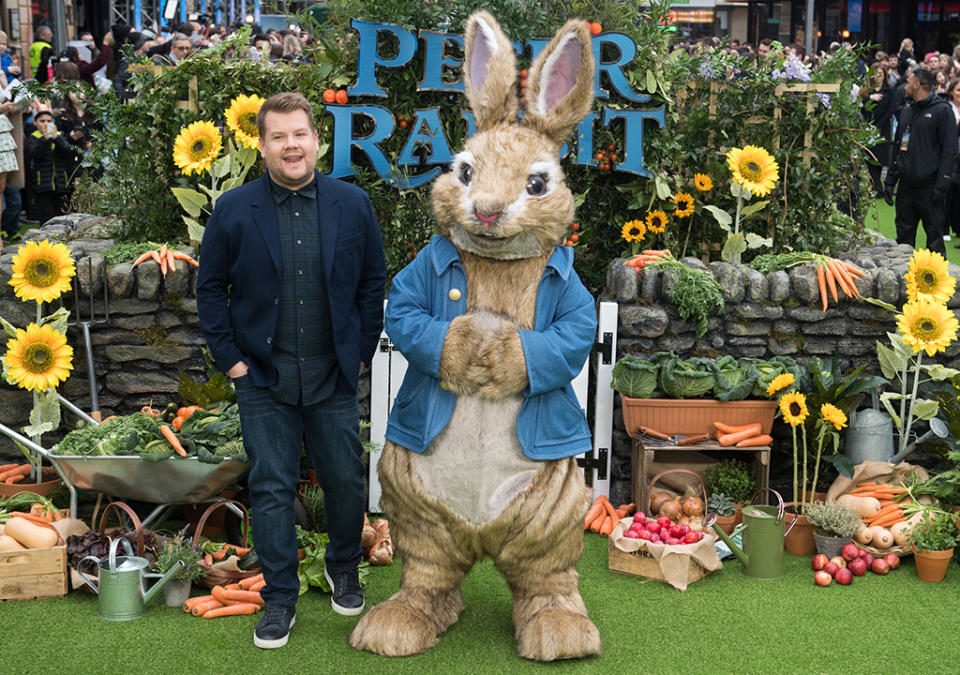 <p>The “Carpool Karaoke” king looked very <em>hoppy, </em>as he posed alongside the star of his new movie <em>Peter Rabbit,</em> at the London premiere on Sunday. (Photo: Samir Hussein/Samir Hussein/WireImage) </p>