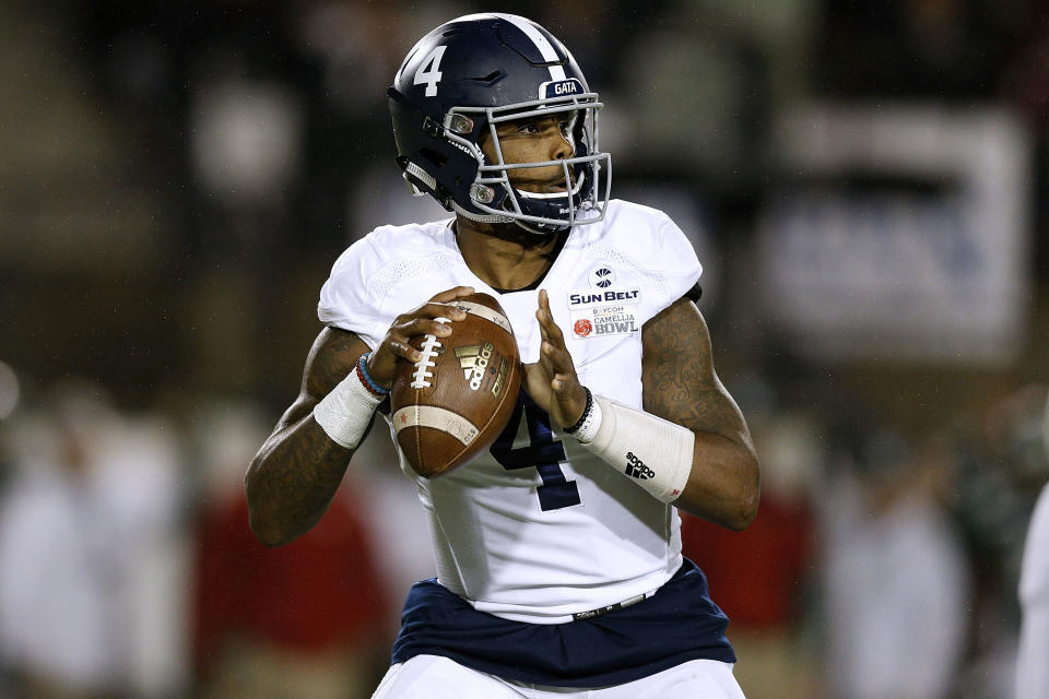 MONTGOMERY, AL - DECEMBER 15:  Shai Werts #4 of the Georgia Southern Eagles throws the ball during the Raycom Media Camellia Bowl against the Eastern Michigan Eagles on December 15, 2018 in Montgomery, Alabama.  (Photo by Jonathan Bachman/Getty Images)