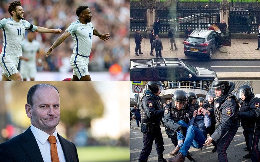 Clockwise from top left: England's win over Lithuania, the London attack, protests in Russia and Douglas Carswell - Getty Images/James West