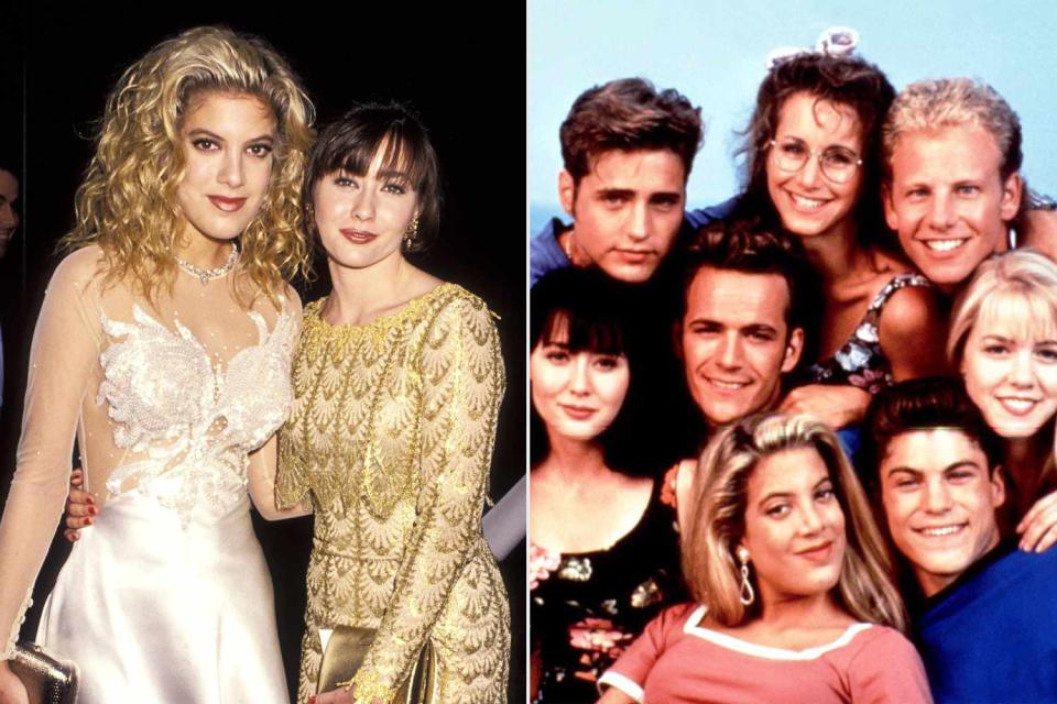 <p>Ron Galella/Ron Galella Collection via Getty; Courtesy of Everett </p> Tori Spelling and Shannen Doherty, the cast of 
