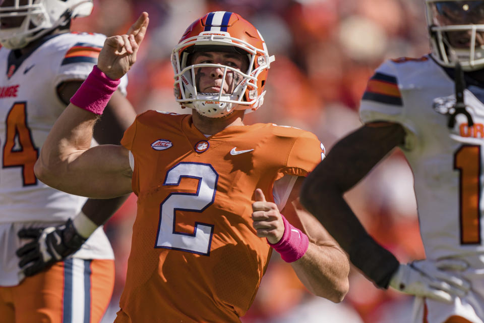 Clemson quarterback Cade Klubnik (2) helped get the offense back on track in the team's 27-21 comeback win over Syracuse on Oct. 22, 2022, in Clemson, S.C. (AP Photo/Jacob Kupferman)