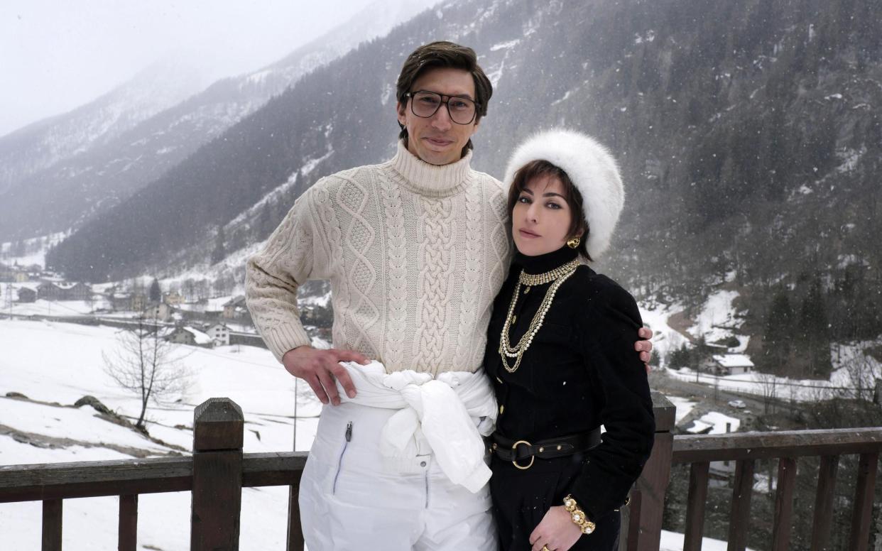 Lady Gaga and Adam Driver in the Italian alps for scenes in Ridley Scott's House of Gucci - Metro-Goldwyn-Mayer (MGM) / Album/Alamy Stock Photo