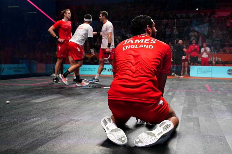 England’s Declan James celebrated victory in the men’s squash doubles gold medal match with team-mate James Willstrop against England’s Adrian Waller and Daryl Selby (Mike Egerton/PA) (PA Wire)