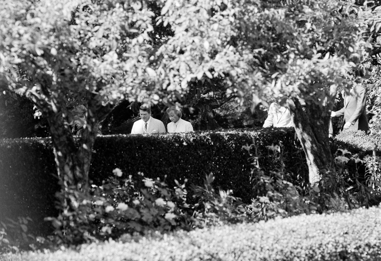 President Reagan and Supreme Court nominee Sandra Day O'Connor are surrounded by foliage as they stroll through the Rose Garden of the White House, July 15, 1981.