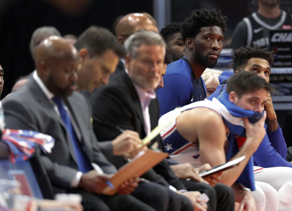 Philadelphia center Joel Embiid is frustrated with his play recently and hasn’t “been myself” since the Jimmy Butler trade. (AP Photo/Paul Sancya)