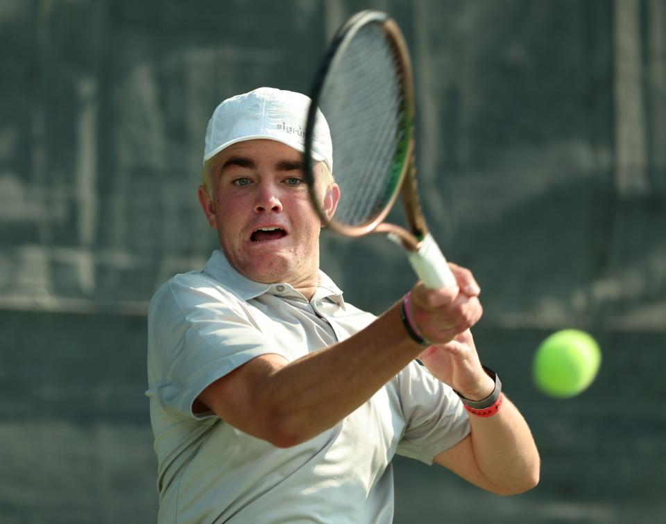 Corner Canyon’s Alex Fuchs returns a ball as he and Skyridge’s Calvin Armstrong play inthe high school 6A boys state tennis championships at Liberty Park Tennis in Salt Lake City on Saturday, May 20, 2023. | Scott G Winterton, Deseret News