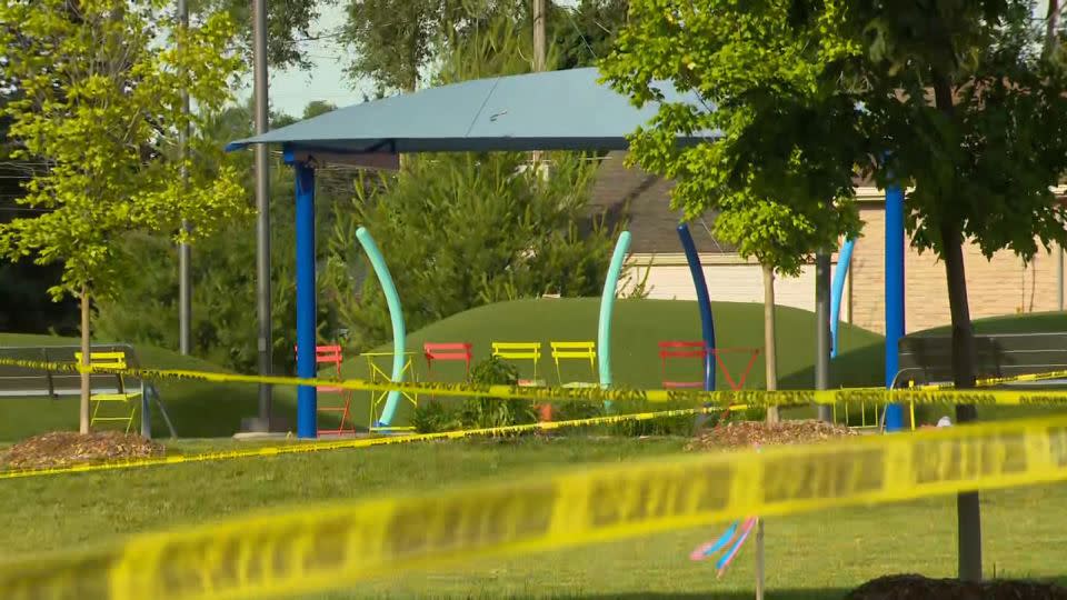 The scene of a shooting at the Brooklands Plaza Splash Pad in Rochester Hills, Michigan, on Saturday. - WDIV