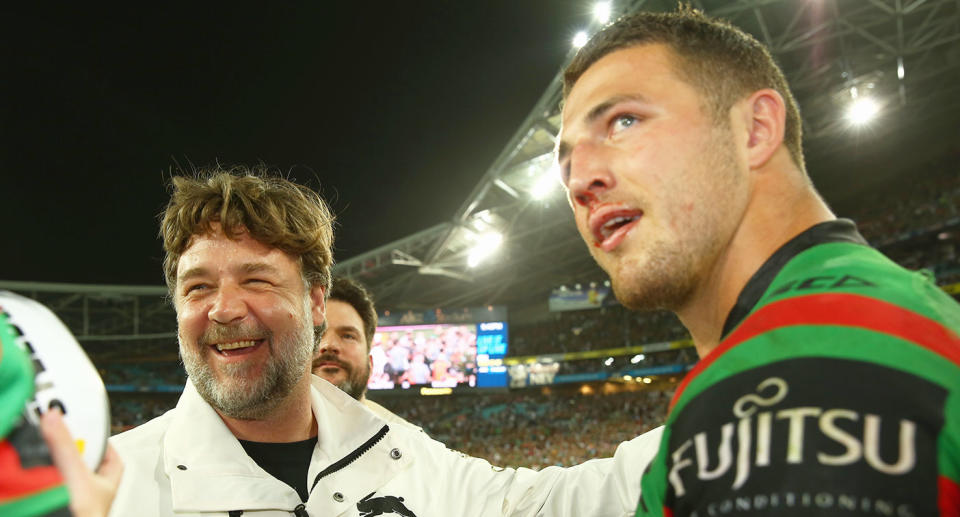 Seen here, Russell Crowe and Sam Burgess after the Rabbitohs' 2014 NRL grand final victory. 