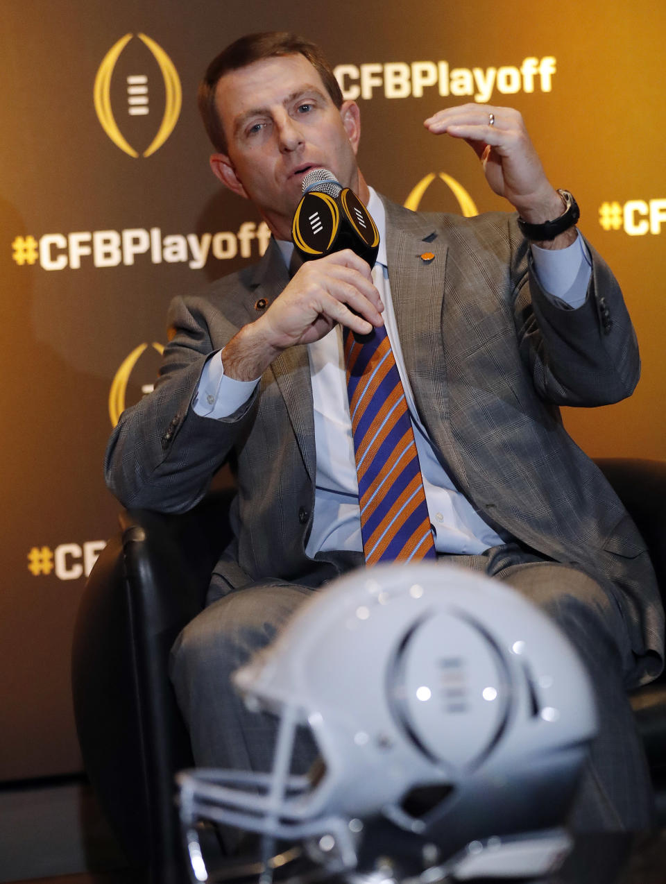 Clemson coach Dabo Swinney speaks during a news conference Thursday, Dec. 6, 2018, in Atlanta. Clemson is one of the four teams in the College Football Playoff. (AP Photo/John Bazemore)