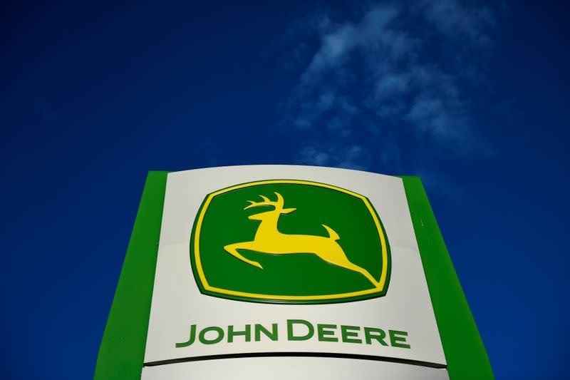 FILE PHOTO: The leaping deer trademark logo is seen on a sign outside a John Deere dealership in Taylor, Texas