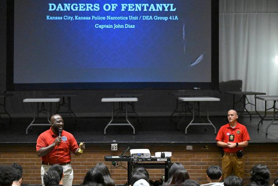 Wyandotte County District Attorney Mark Dupree, left, and Capt. John Diaz, of the KCKPD Narcotics Unit, spoke to Wyandotte High School sophomores on the dangers of fentanyl during a presentation Nov. 7, 2023.