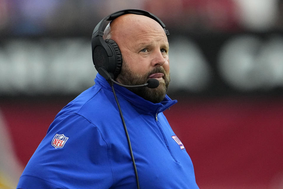 New York Giants head coach Brian Daboll looks on during the first half of an NFL football game Arizona Cardinals, Sunday, Sept. 17, 2023, in Glendale, Ariz. (AP Photo/Matt York)