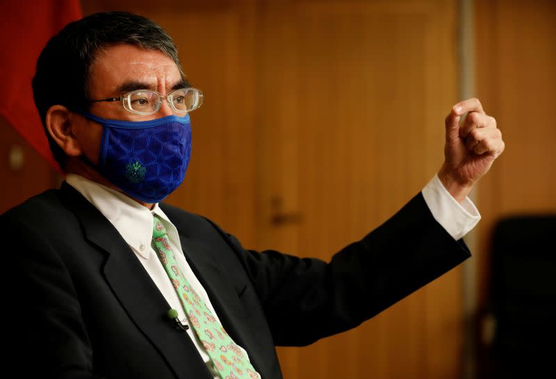 Japan's Defence Minister Taro Kono speaks during an interview with Reuters in Tokyo
