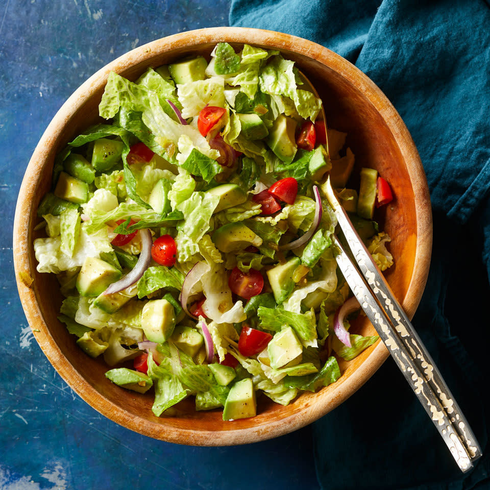 <p>All of the delicious guacamole flavors you love in a healthy veggie-packed salad. Want to pump up the protein? Add leftover roast chicken or sautéed shrimp. Serve with tortilla chips on the side (or crumbled over the top) to take it up a notch. <a href="https://www.eatingwell.com/recipe/262151/guacamole-chopped-salad/" rel="nofollow noopener" target="_blank" data-ylk="slk:View Recipe" class="link ">View Recipe</a></p>