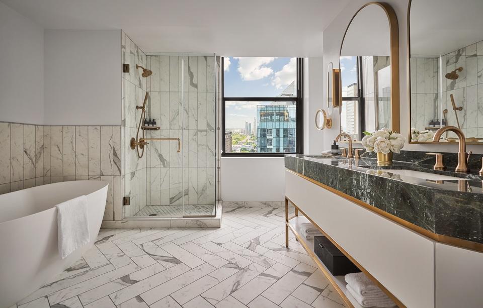On the top two floors of Pendry Chicago, the Pendry Suites' double-vanity washrooms are like private spas.