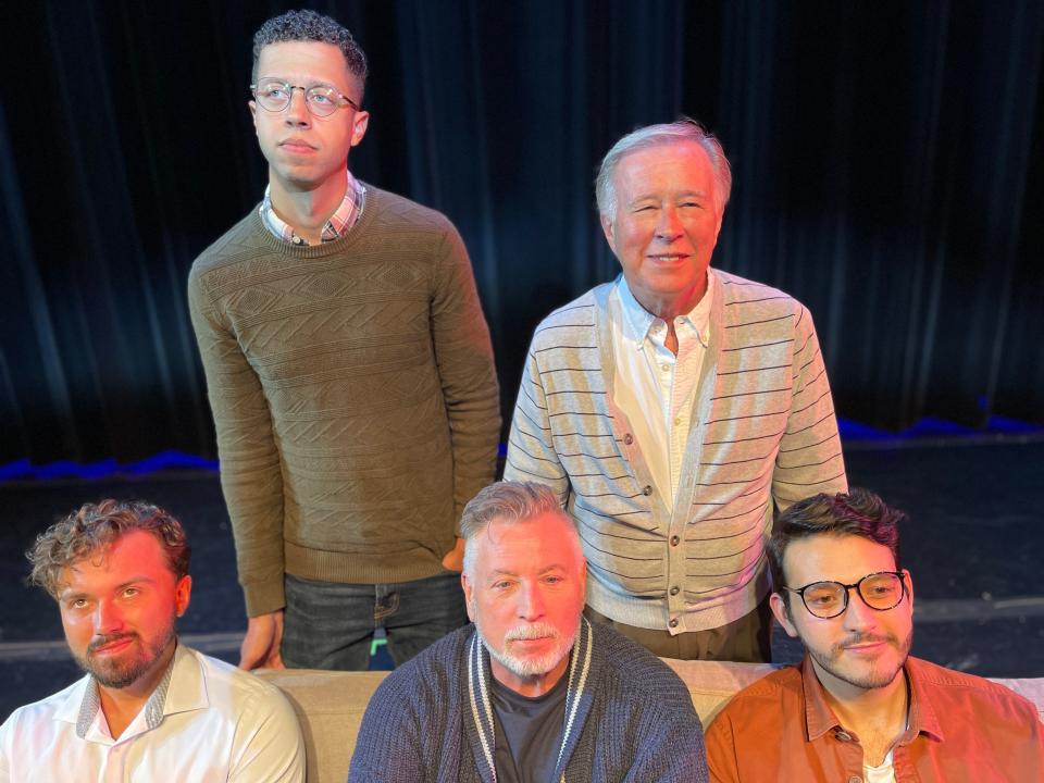 Seated, left to right: Anthony Baldasare, Frank Barnhart and Niko Carter. Standing, left to right: Jeff White and Mark Schwamberger in Evolution Theatre Company’s Ohio premiere of “The Inheritance” at the Abbey Theater.
