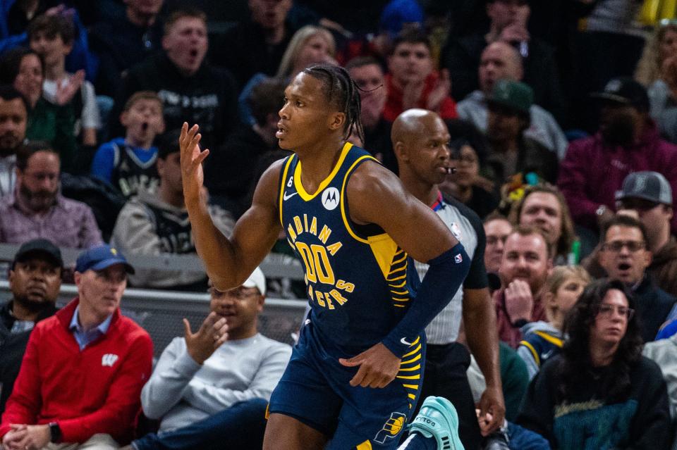 Mar 29, 2023; Indianapolis, Indiana, USA; Indiana Pacers guard Bennedict Mathurin (00) celebrates a made shot in the first quarter against the Milwaukee Bucks at Gainbridge Fieldhouse.