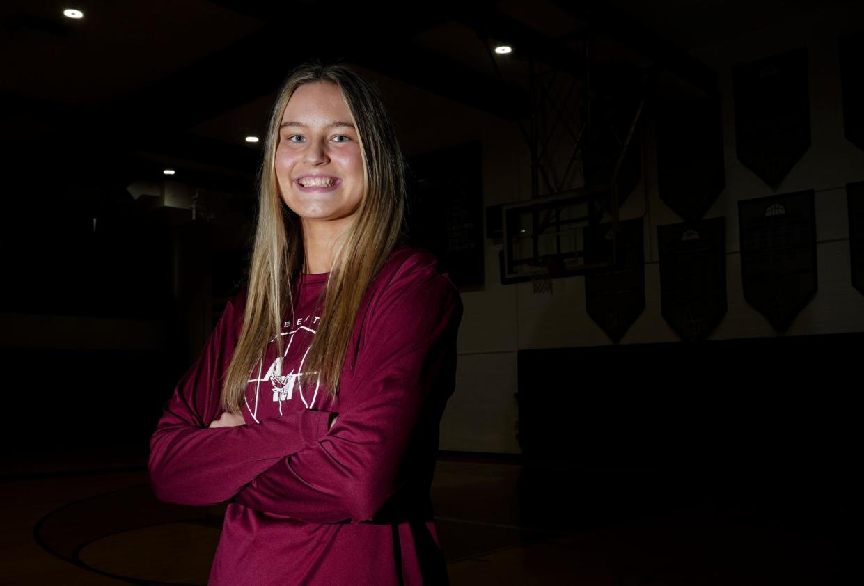 Albertus Magnus sophomore Julia Scott is selected as the Rockland girls basketball player of the year. Scott, a Nanuet resident, was photographed at Albertus Magnus High School in Bardonia on Friday, April 12, 2024.