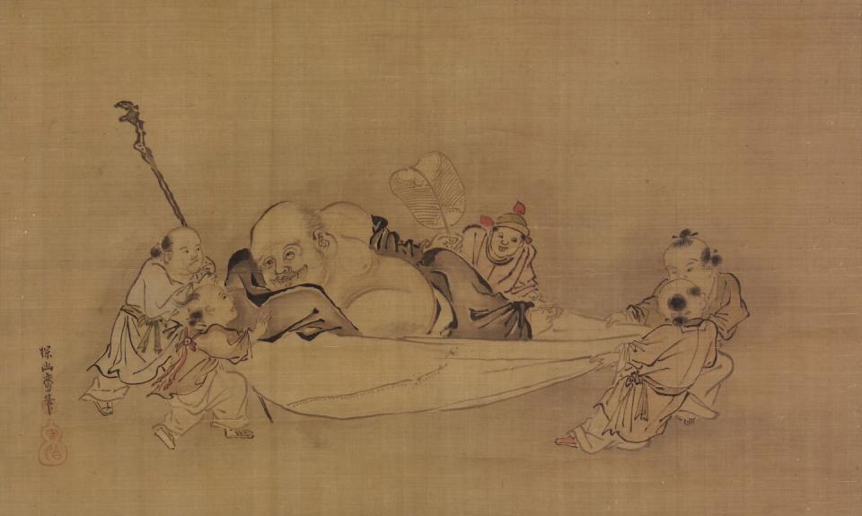 Children playing with Hotei. <a href="https://commons.wikimedia.org/wiki/File:Hotei_with_Chinese_Children_at_Play_by_Kano_Tanyu_(Zentokuji_Nanto).jpg" rel="nofollow noopener" target="_blank" data-ylk="slk:Artist Kano Tanyu via Wikimedia Commons;elm:context_link;itc:0;sec:content-canvas" class="link ">Artist Kano Tanyu via Wikimedia Commons</a>