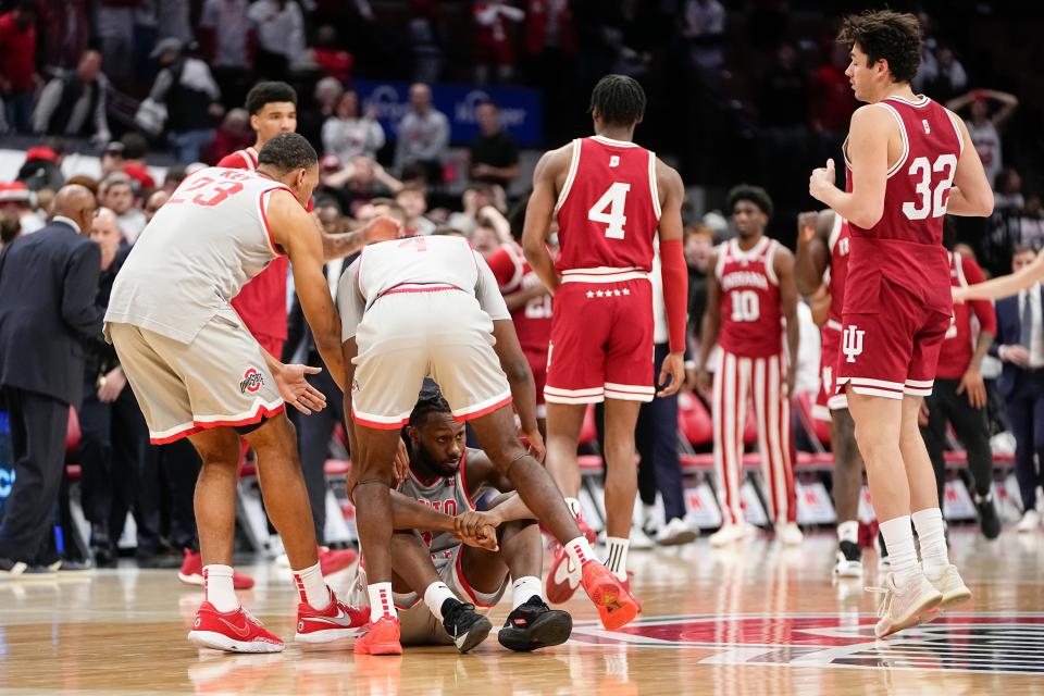 Feb 6, 2024; Columbus, Ohio, USA; Ohio State Buckeyes guard Bruce Thornton (2) reacts after missing a three pointer at the buzzer during the second half of the men’s basketball game against the Indiana Hoosiers at Value City Arena. Ohio State lost 76-73.