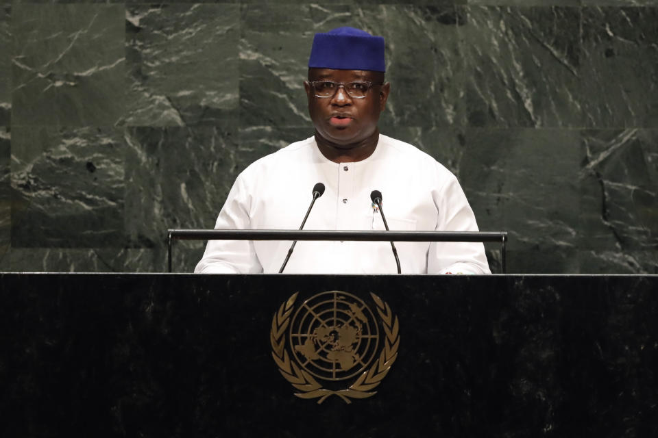 Sierra Leone's President Julius Maada Bio addresses the 74th session of the United Nations General Assembly, Thursday, Sept. 26, 2019. (AP Photo/Richard Drew)