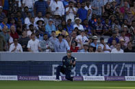 England's Liam Livingstone catches out India's Hardik Pandya during the second one day international cricket match between England and India at Lord's cricket ground in London, Thursday, July 14, 2022. (AP Photo/Matt Dunham)