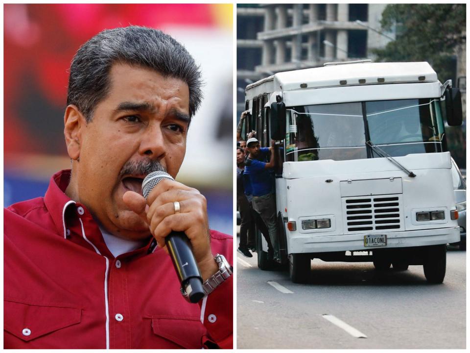 Side-by-side image of Venezuelan President Nicolas Maduro speaking into a microphone in 2023, and a crowded white bus in Caracas in 2019.