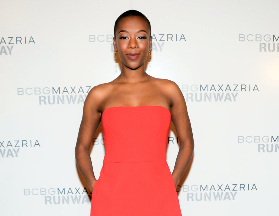 This image released by BFA NYC shows actress Samira Wiley, a cast member from the Netflix series, "Orange is the New Black," wearing an orange jumpsuit at the Fall 2014 BCBG Max Azria show during Fashion Week in New York, Thursday, Feb. 6, 2014. (AP Photo/BFA NYC, Joe Schildhorn)