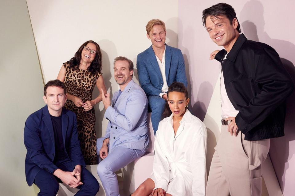 ANAHEIM, CALIFORNIA - SEPTEMBER 10: (L-R) Jake Schreier, Julia Louis-Dreyfus, David Harbour, Wyatt Russell, Hannah John-Kamen, and Sebastian Stan pose at the IMDb Official Portrait Studio during D23 2022 at Anaheim Convention Center on September 10, 2022 in Anaheim, California. (Photo by Corey Nickols/Getty Images for IMDb)