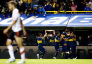 Boca Juniors' players celebrate their second goal against River Plate during their Argentine First Division soccer match in Buenos Aires May 3, 2015. REUTERS/Marcos Brindicci