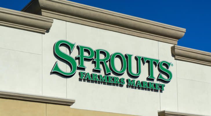 An exterior sign on a Sprouts Farmers Market (SFM) store in Granada Hills, California.